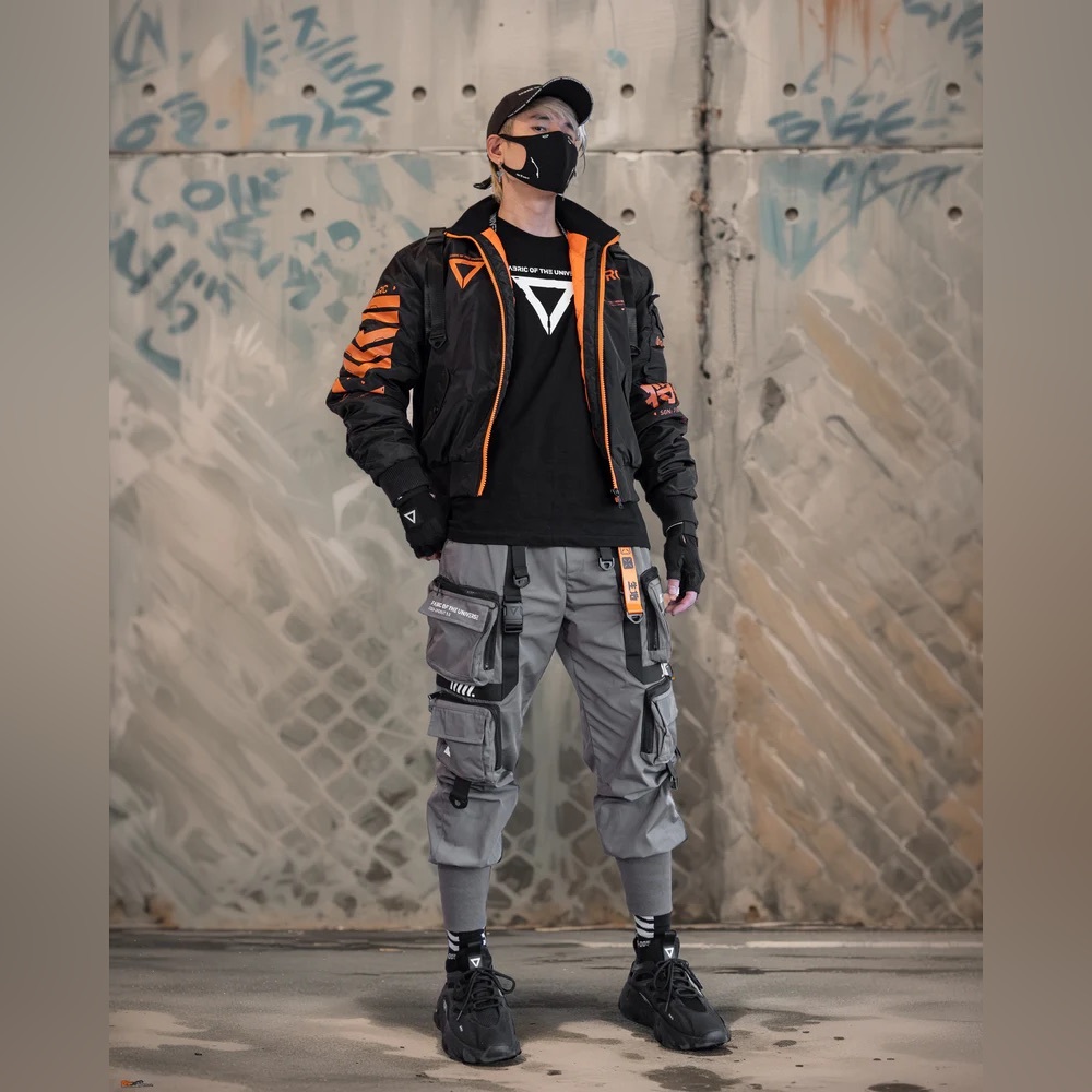 Fabric of the Universe V3-3 Black Orange Short Bomber Jacket - Picture 2 of 7